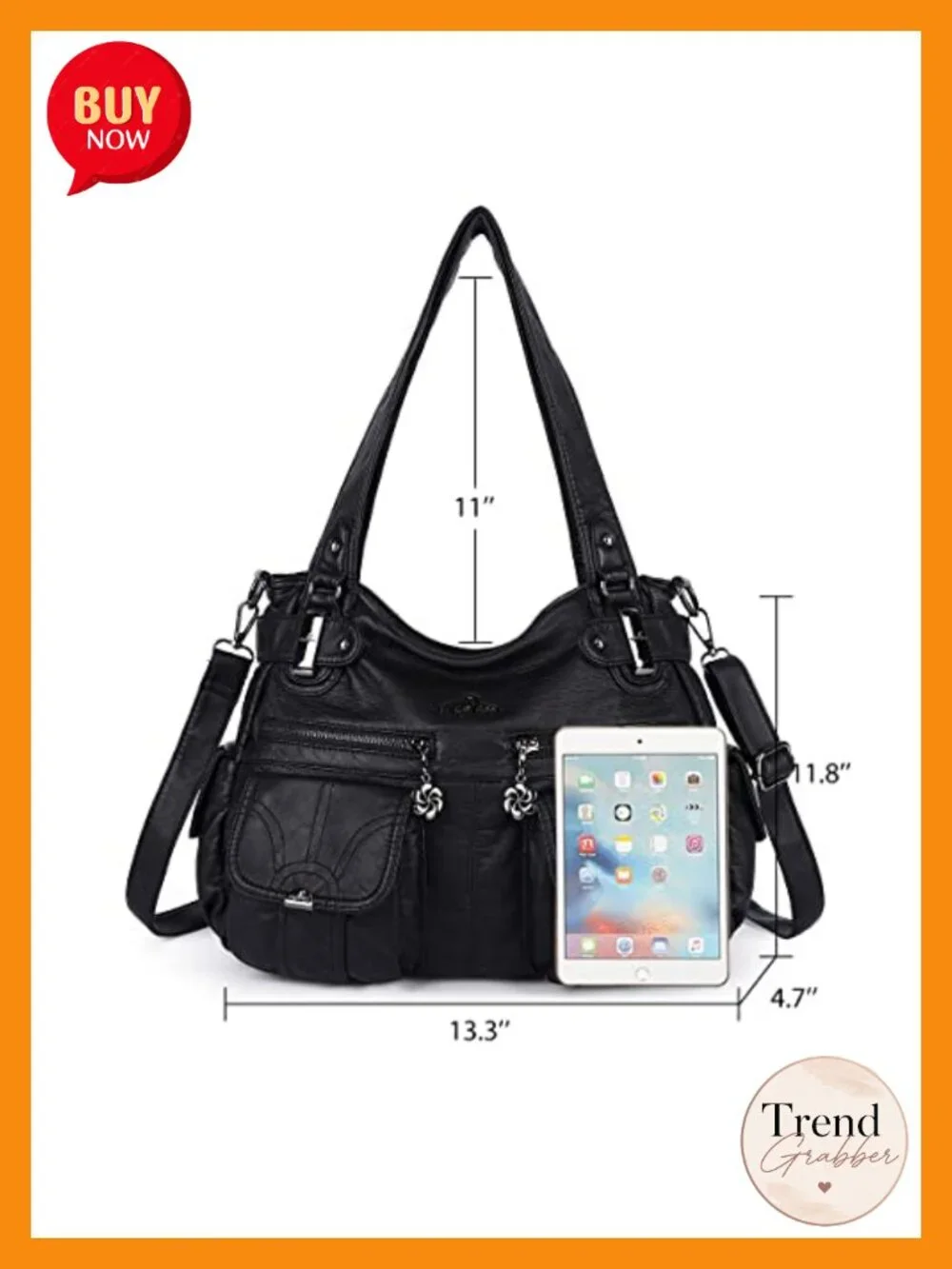 Washed Leather Satchel Handbag Double Zipper Multi Pocket Shoulder Purse